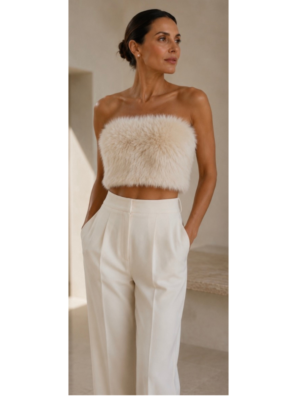Women's Lapeco Fox Fur Crop Top, Off White S 16in p to p!